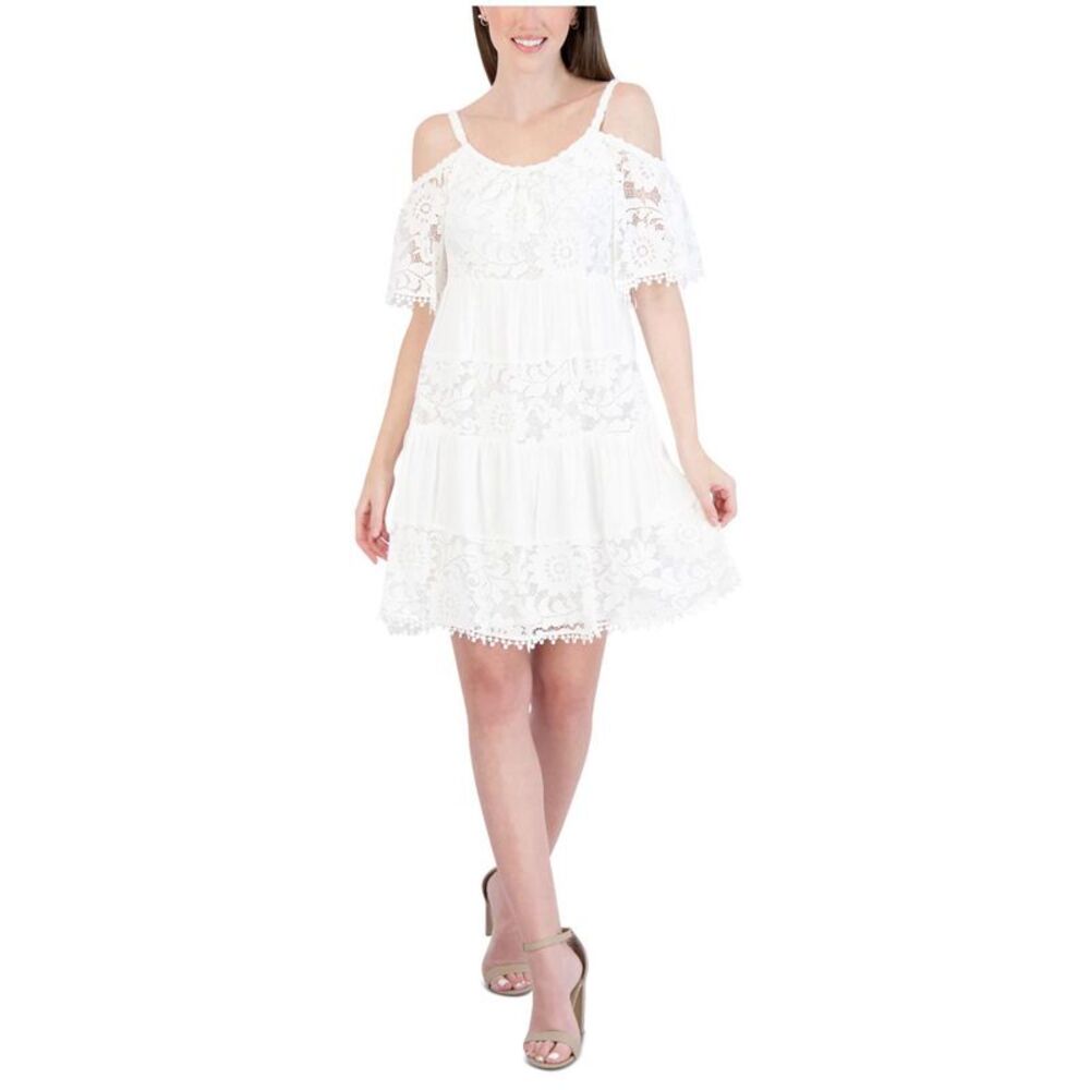Signature by Robbie Bee Womens Petite Gauze Lace Off-Shoulder Dress, NWT